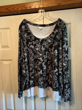 J. Jill Navy Floral Long-Sleeve Layered Top with White Trim